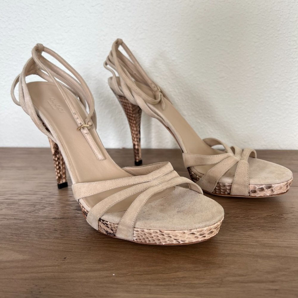 Gucci Suede Leather Python Heel Ankle Strap Pumps… - image 4